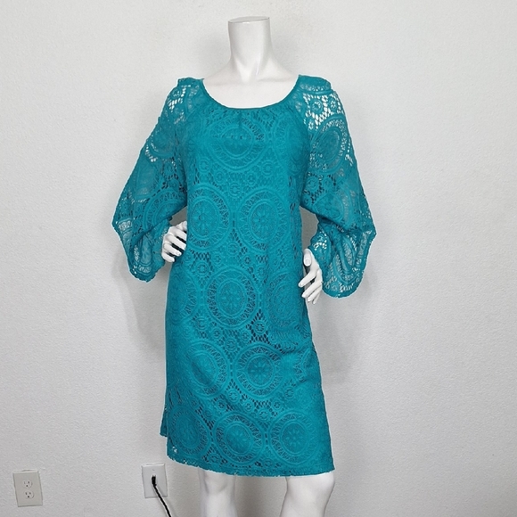 Tacera Bohemian Teal Lace Big Bell Sleeve Fairy Relaxed Fit Shift Dress Size 1X - Picture 2 of 15